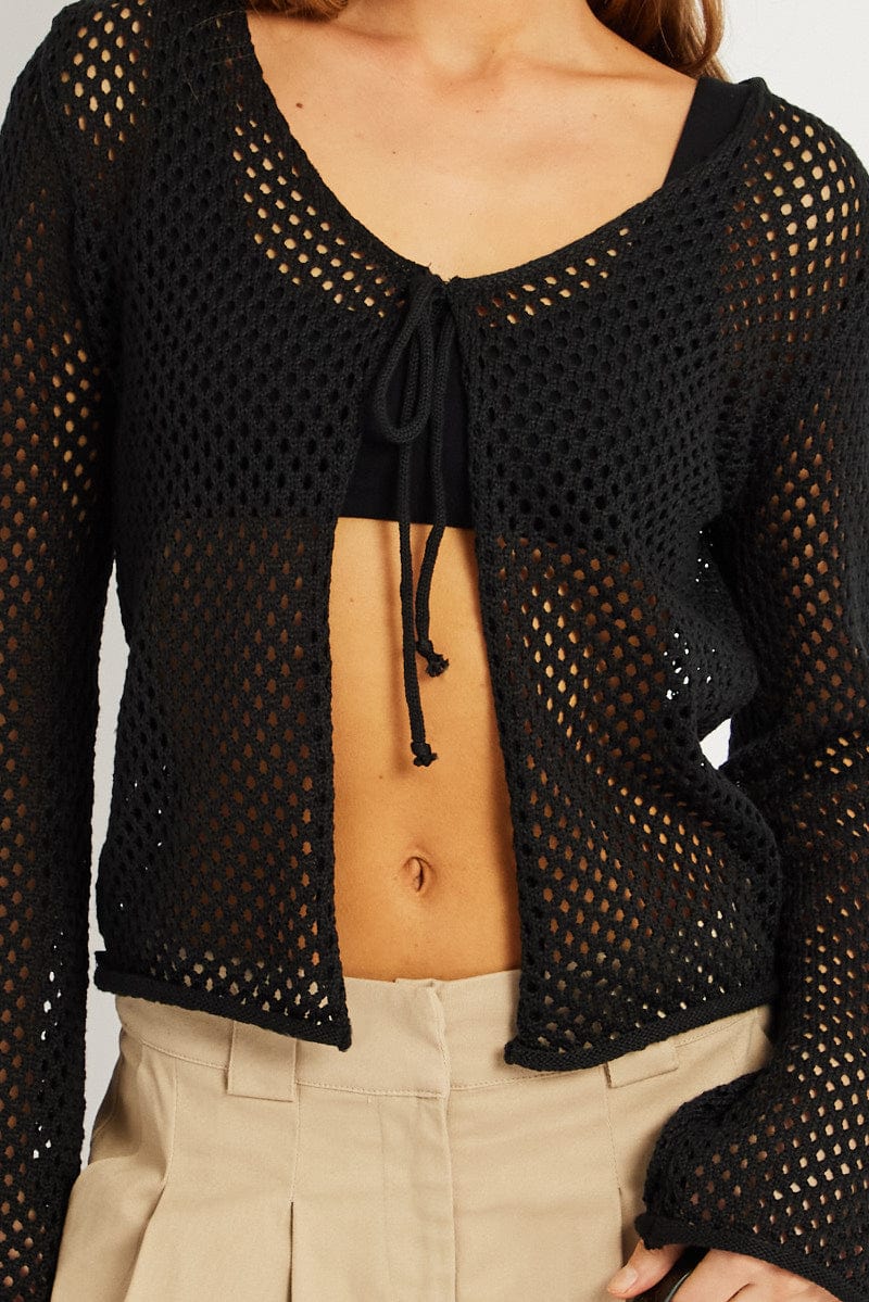 Black Crochet Cardigan Long Sleeve V Neck Tie Up for Ally Fashion