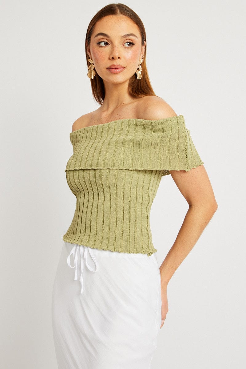 Green Off shoulder Knit Top for Ally Fashion