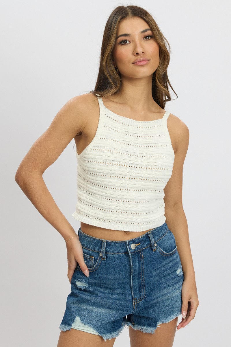 White Crochet Knit Tank Top for Ally Fashion