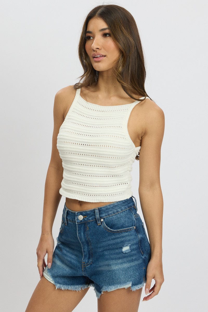 White Crochet Knit Tank Top for Ally Fashion