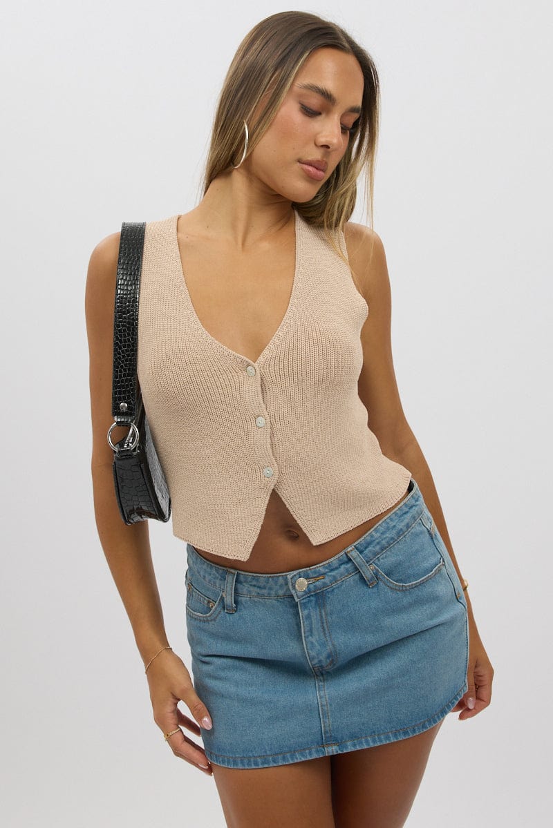 Beige Knit Vest V Neck for Ally Fashion