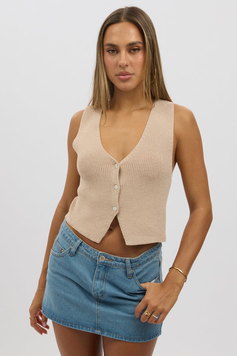 Beige Knit Vest V Neck for Ally Fashion