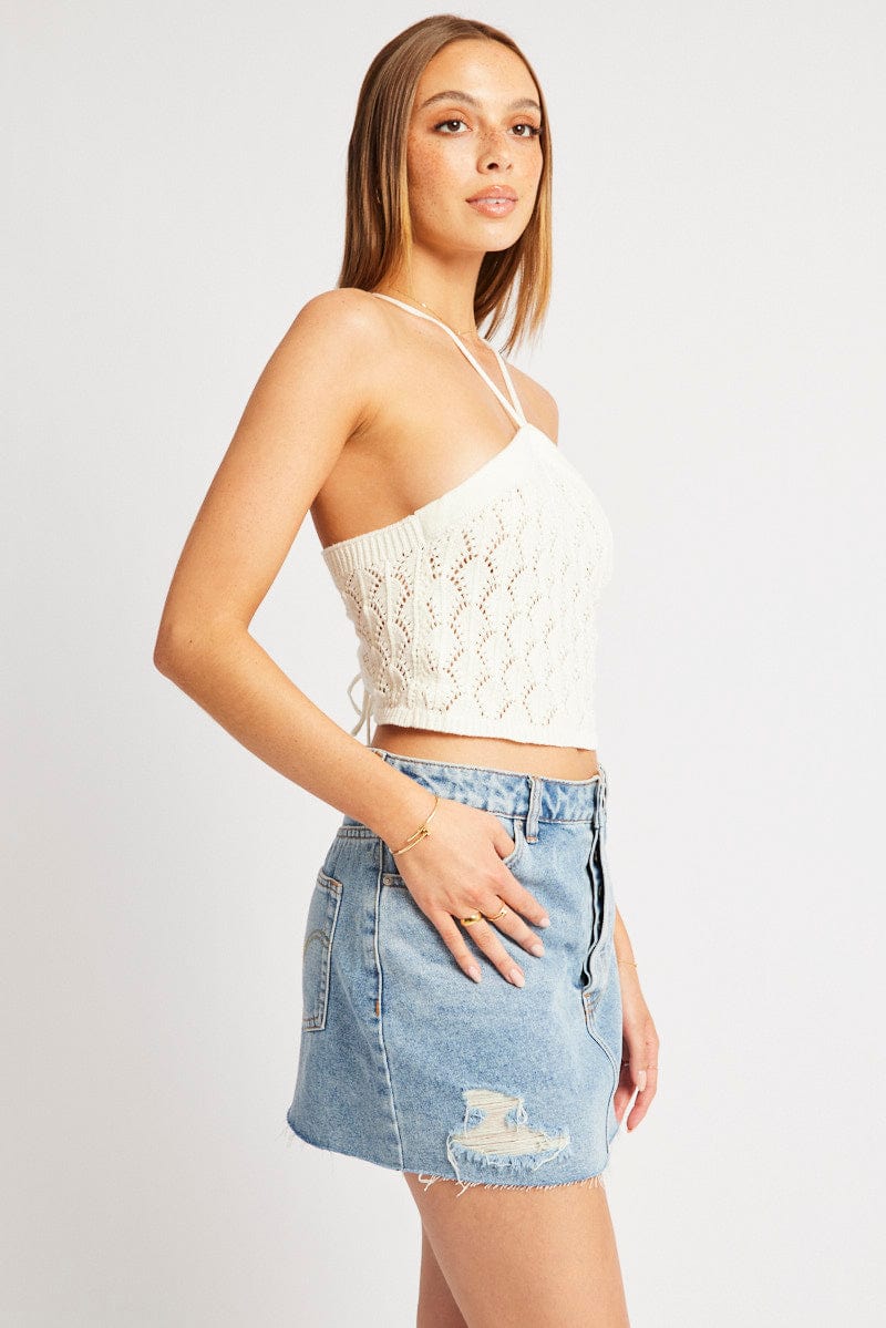 White Halter Neck Knit Top for Ally Fashion