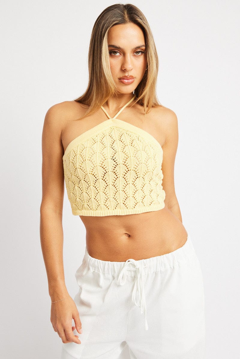 Yellow Halter Neck Knit Top for Ally Fashion