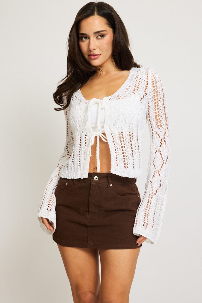 White Knit Cardigan Long Sleeve Crochet for Ally Fashion