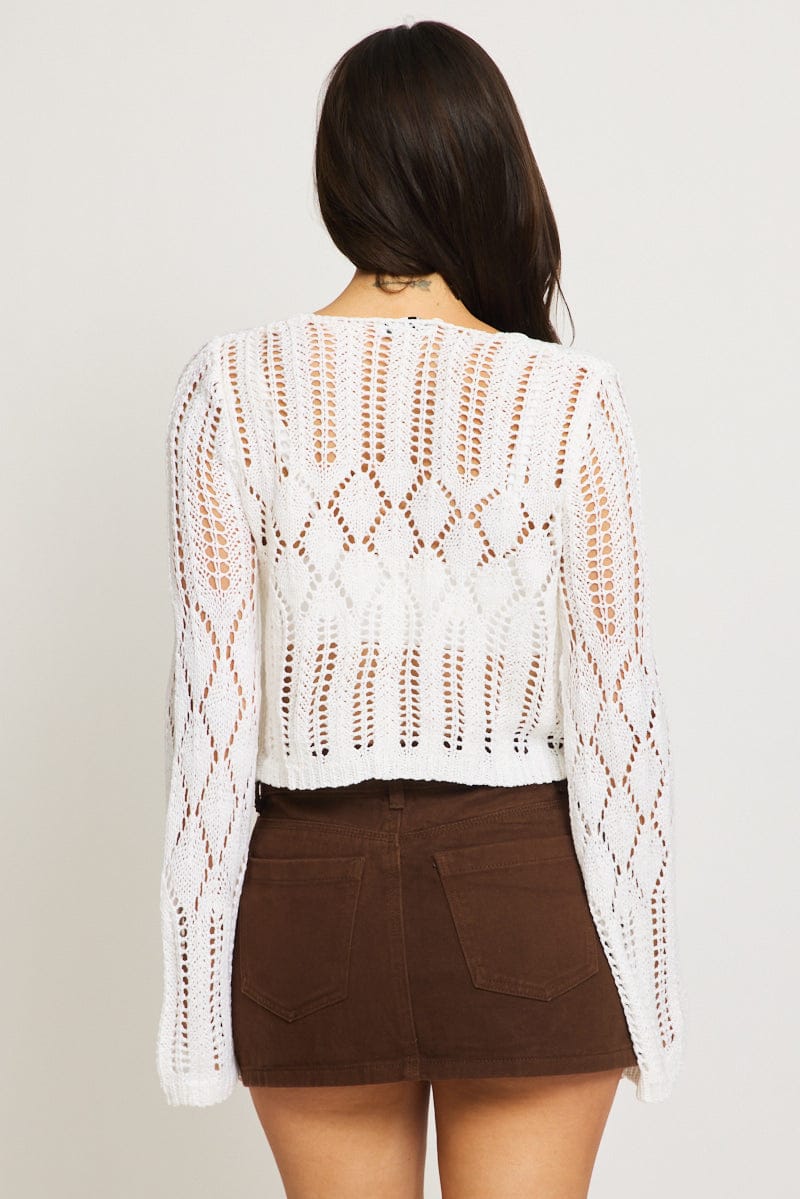 White Knit Cardigan Long Sleeve Crochet for Ally Fashion