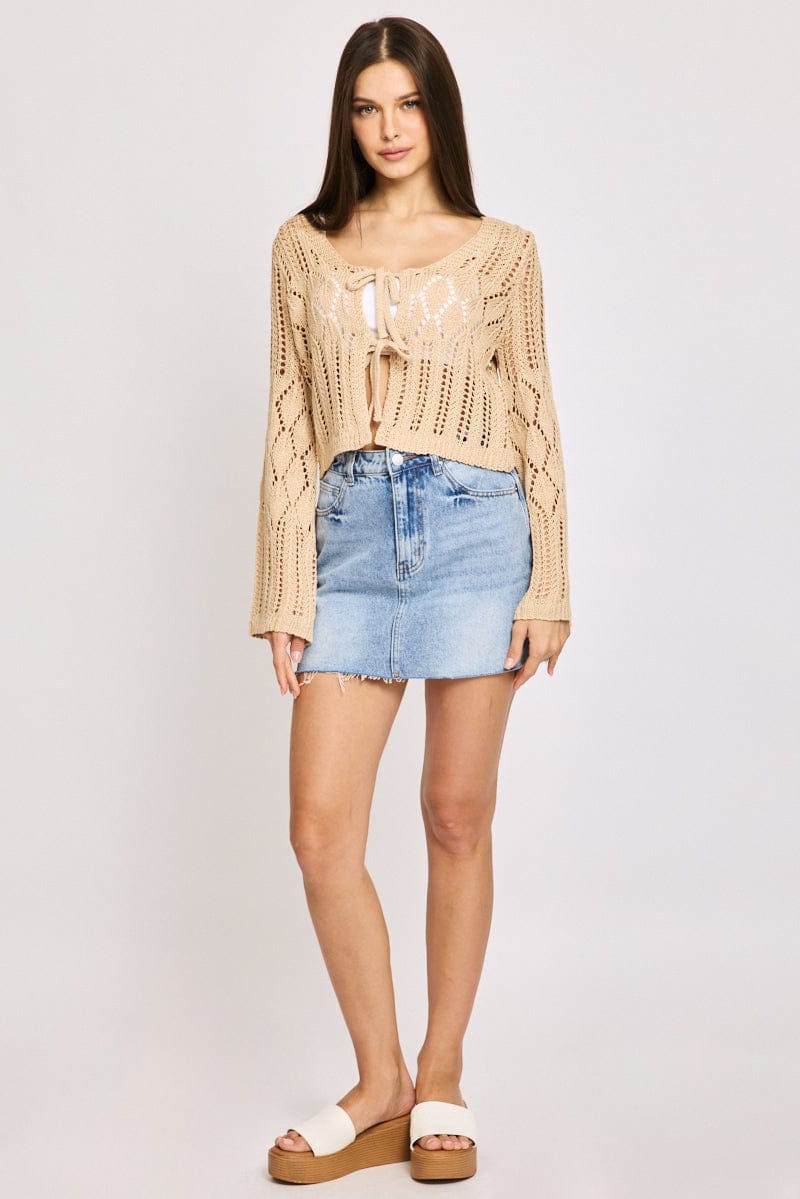 Beige Knit Cardigan Long Sleeve Crochet for Ally Fashion
