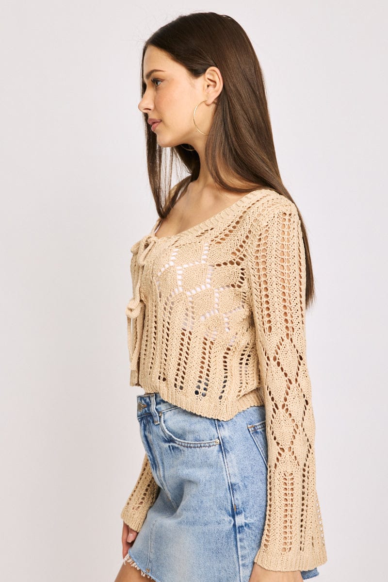 Beige Knit Cardigan Long Sleeve Crochet for Ally Fashion