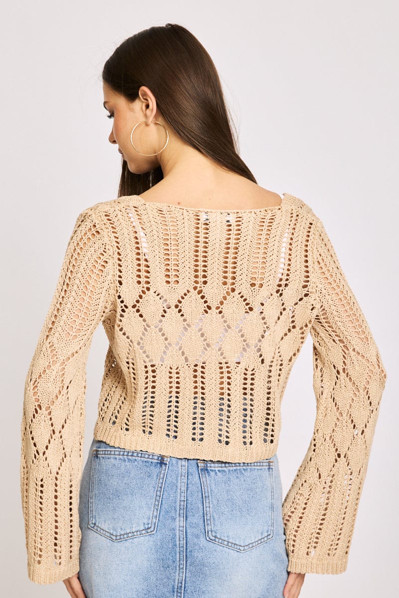 Beige Knit Cardigan Long Sleeve Crochet for Ally Fashion