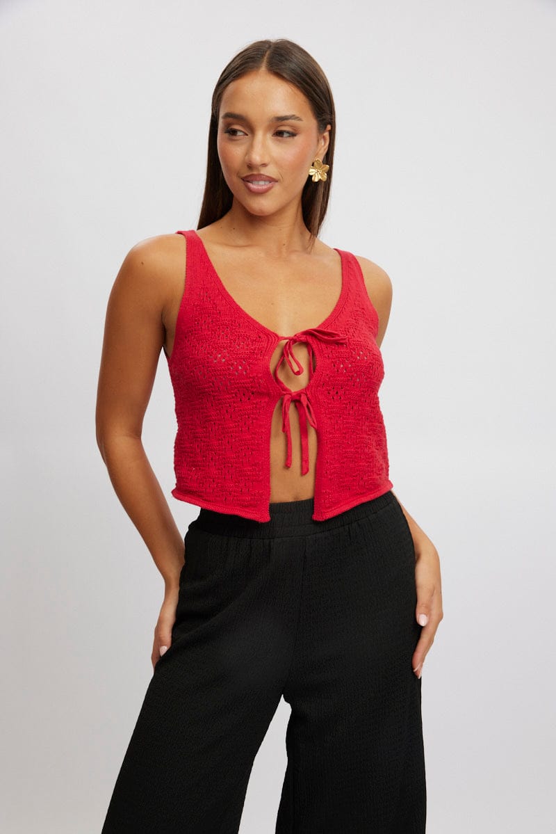 Red Crochet Knit Vest Tie Up for Ally Fashion