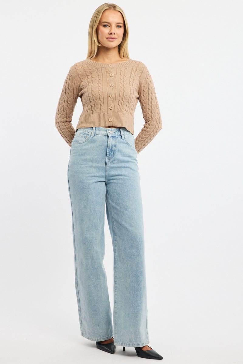 Beige Cable Knit Cardigan Long Sleeve Crew Neck for Ally Fashion