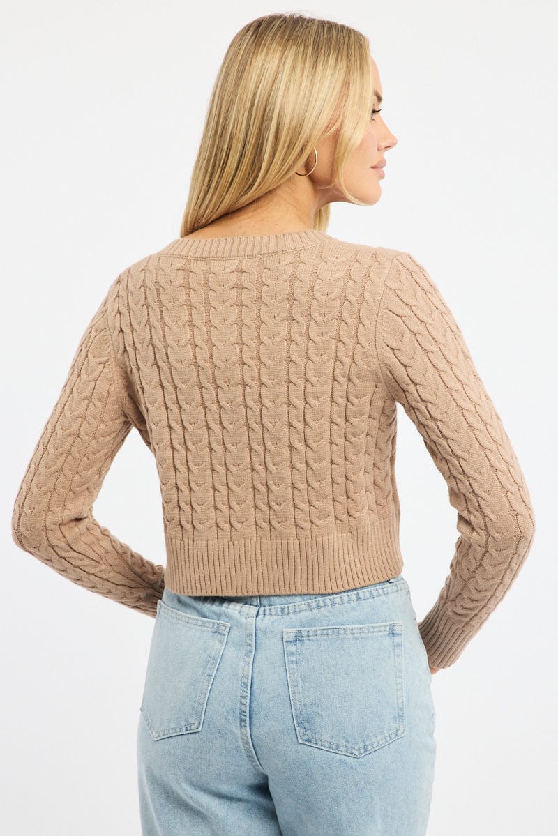 Beige Cable Knit Cardigan Long Sleeve Crew Neck for Ally Fashion