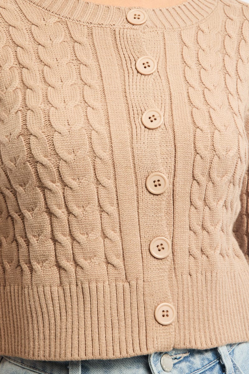 Beige Cable Knit Cardigan Long Sleeve Crew Neck for Ally Fashion