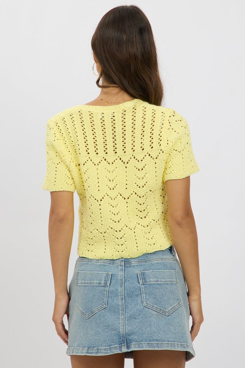 Yellow Crochet Knit Cardigan Short Sleeve V Neck Ally Fashion