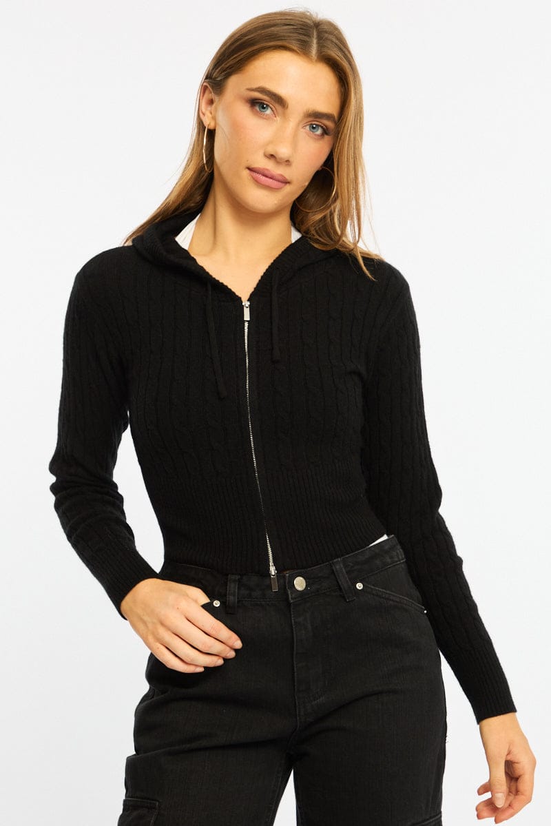 Black Cable Knit Zip-up Hooded Cardigan for Ally Fashion