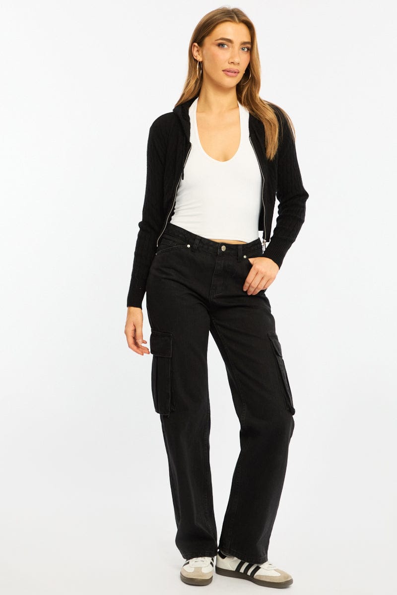 Black Cable Knit Zip-up Hooded Cardigan for Ally Fashion