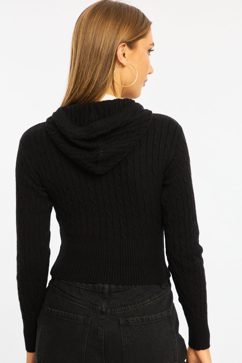 Black Cable Knit Zip-up Hooded Cardigan for Ally Fashion