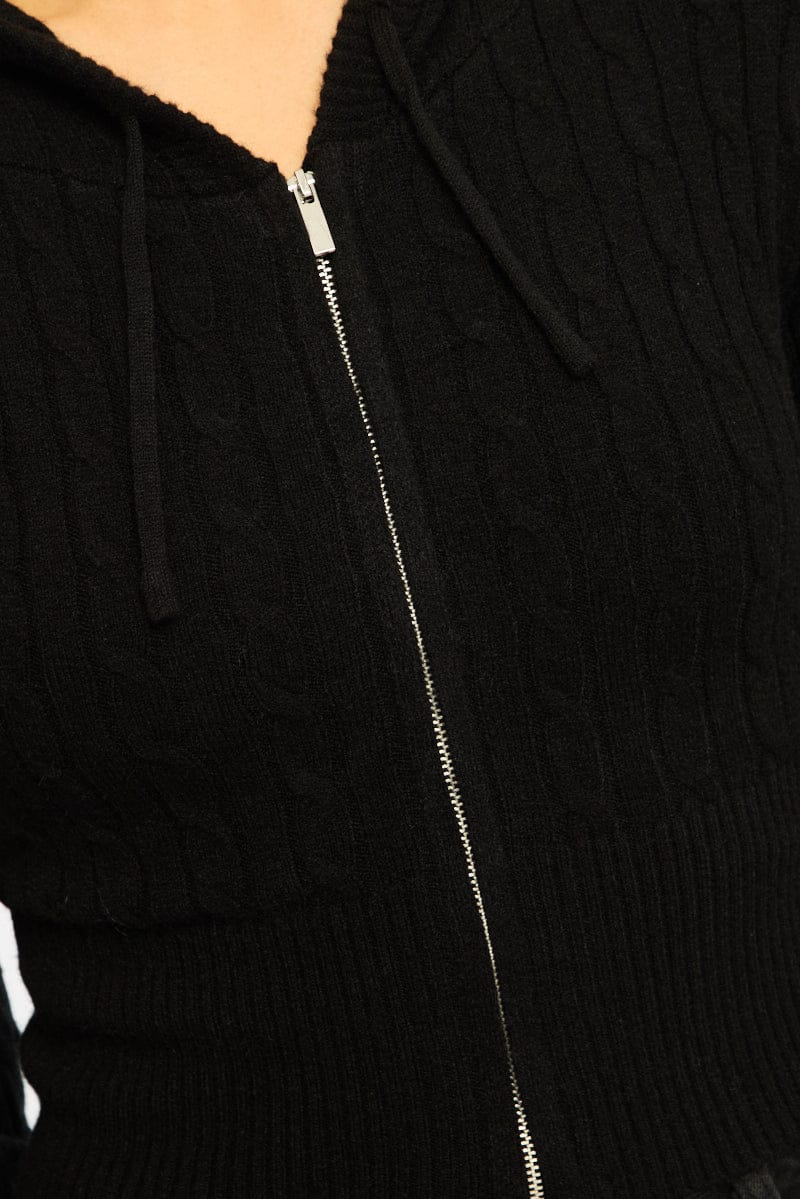 Black Cable Knit Zip-up Hooded Cardigan for Ally Fashion