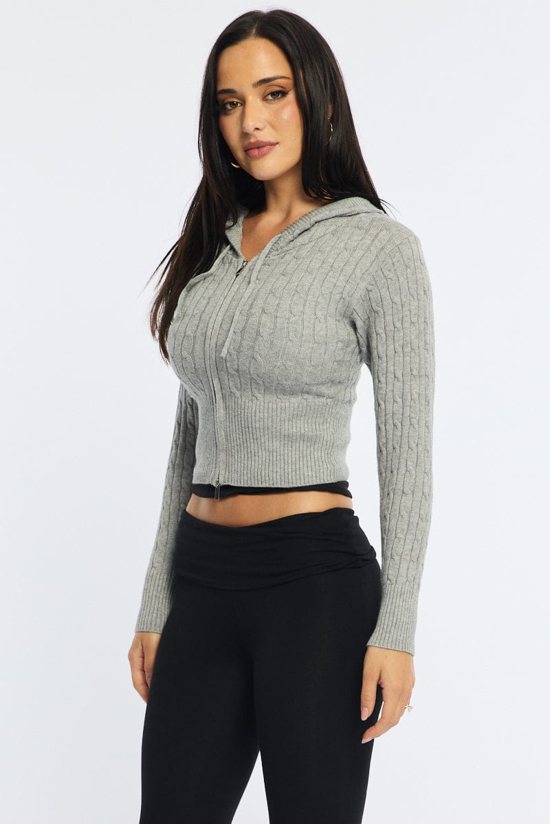 Grey Cable Knit Zip-up Hooded Cardigan for Ally Fashion