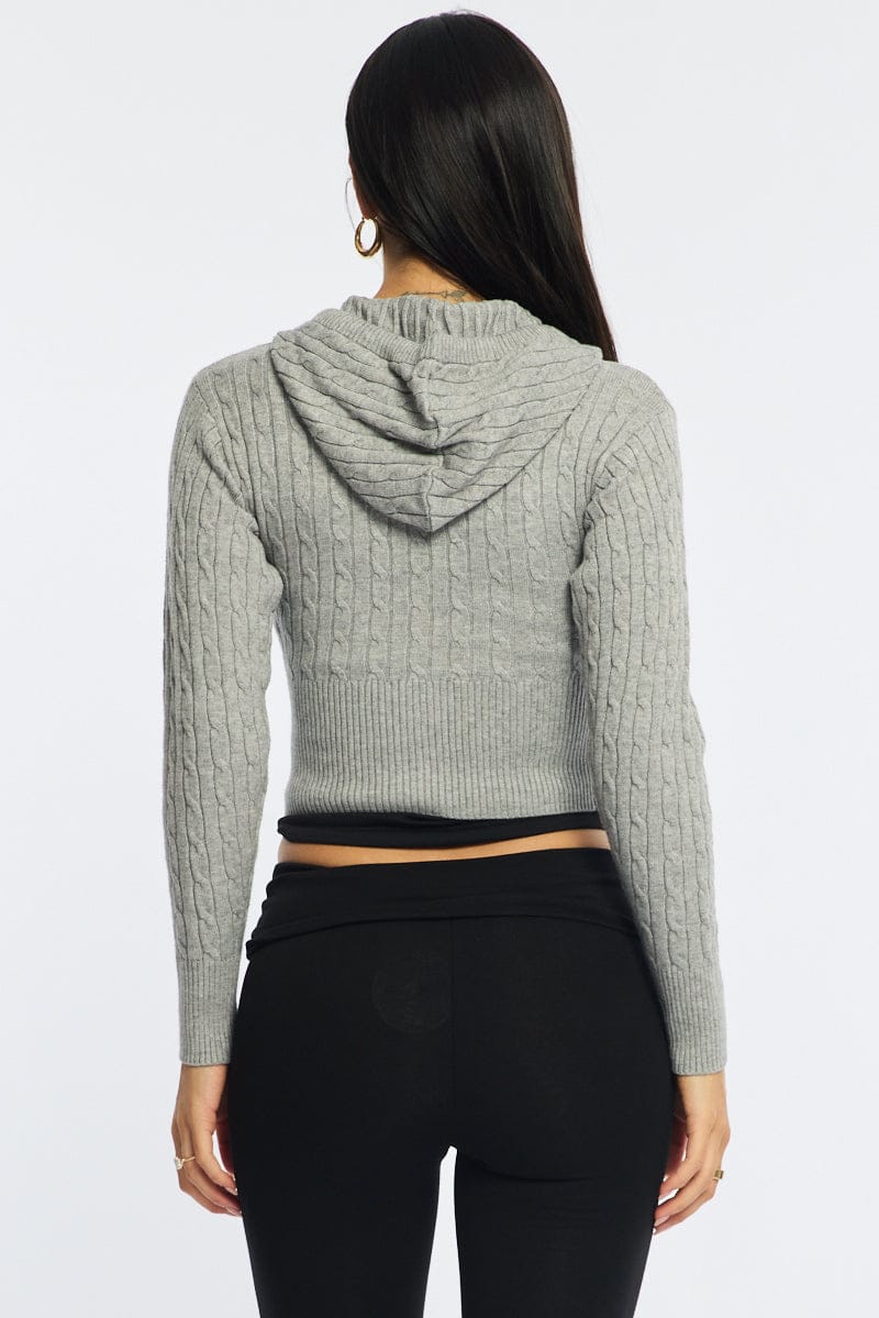 Grey Cable Knit Zip-up Hooded Cardigan for Ally Fashion