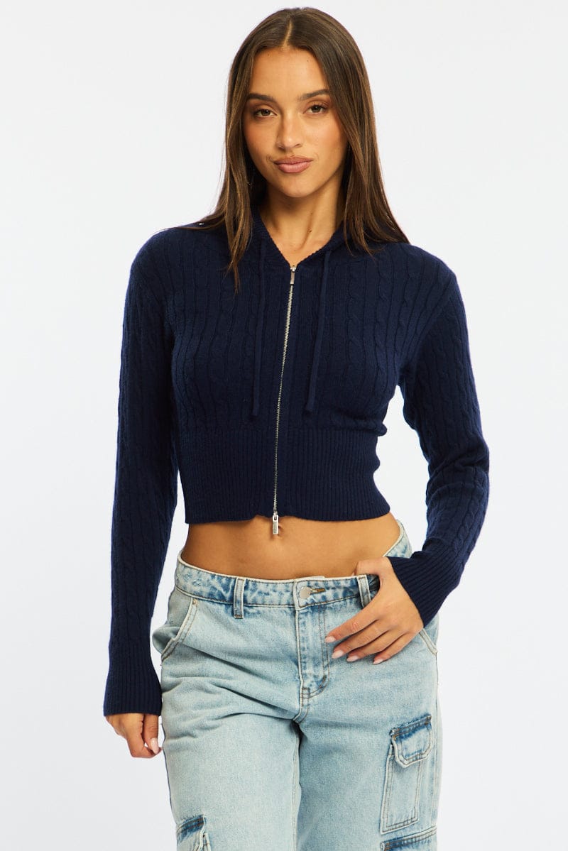 Blue Cable Knit Zip-up Hooded Cardigan for Ally Fashion