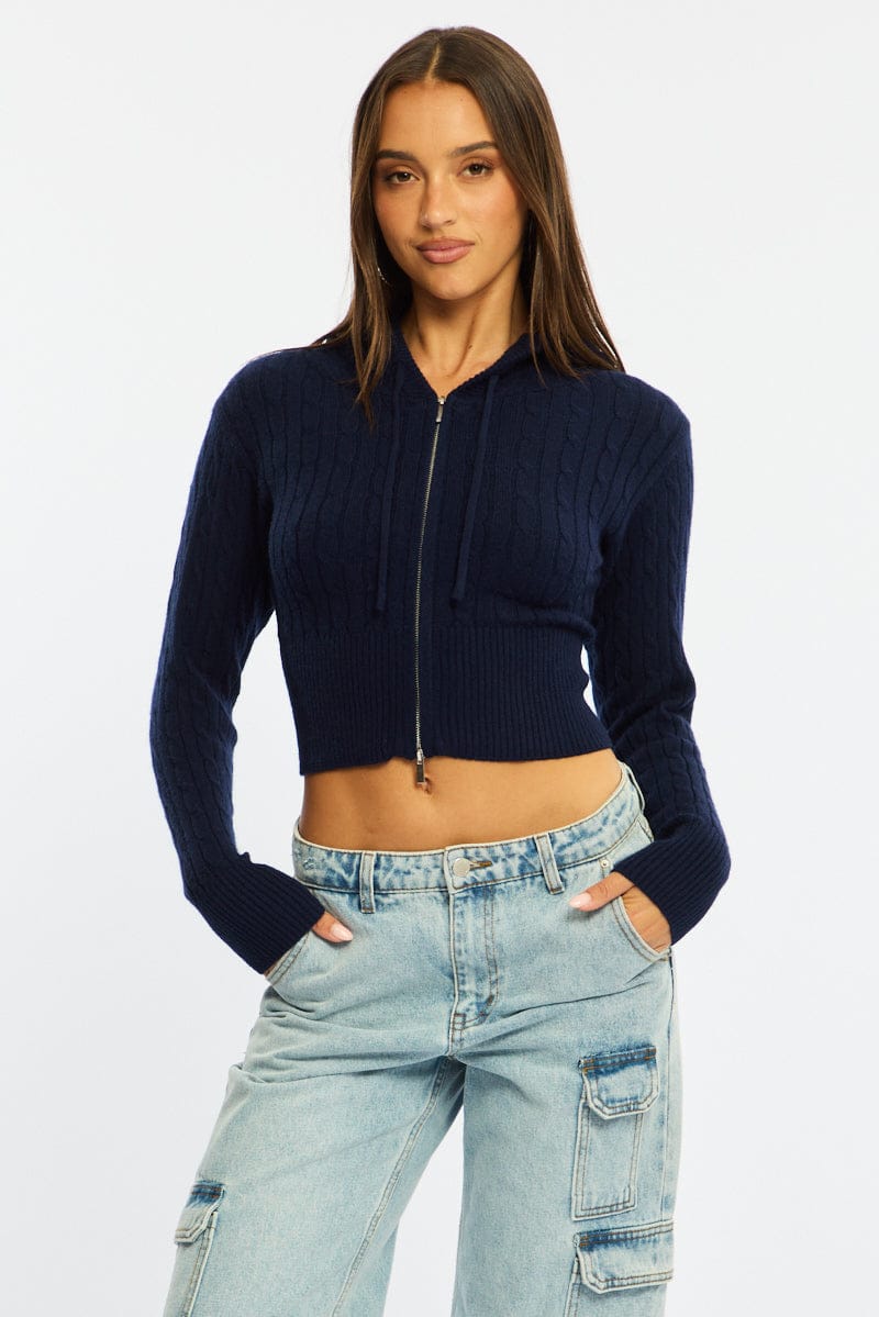 Blue Cable Knit Zip-up Hooded Cardigan for Ally Fashion