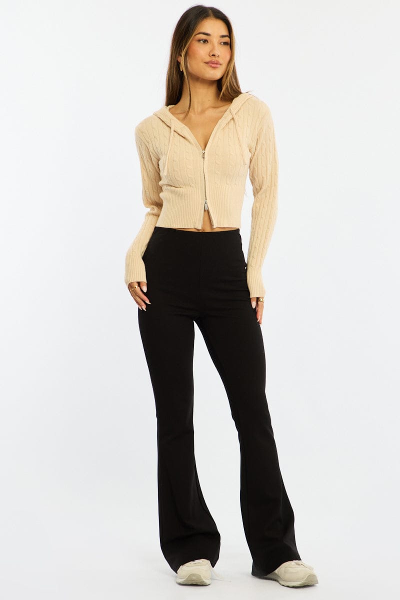 Beige Cable Knit Zip-up Hooded Cardigan for Ally Fashion