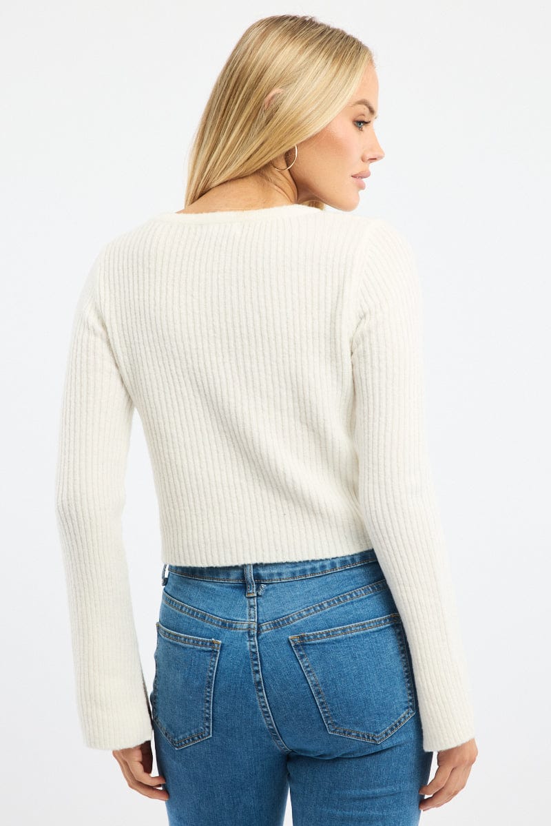 White Knit Cardigan Tie Up Long Sleeve for Ally Fashion