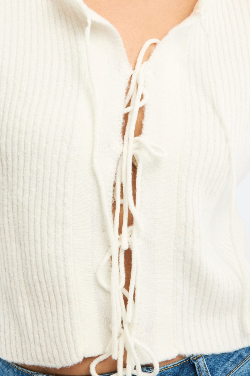 White Knit Cardigan Tie Up Long Sleeve for Ally Fashion
