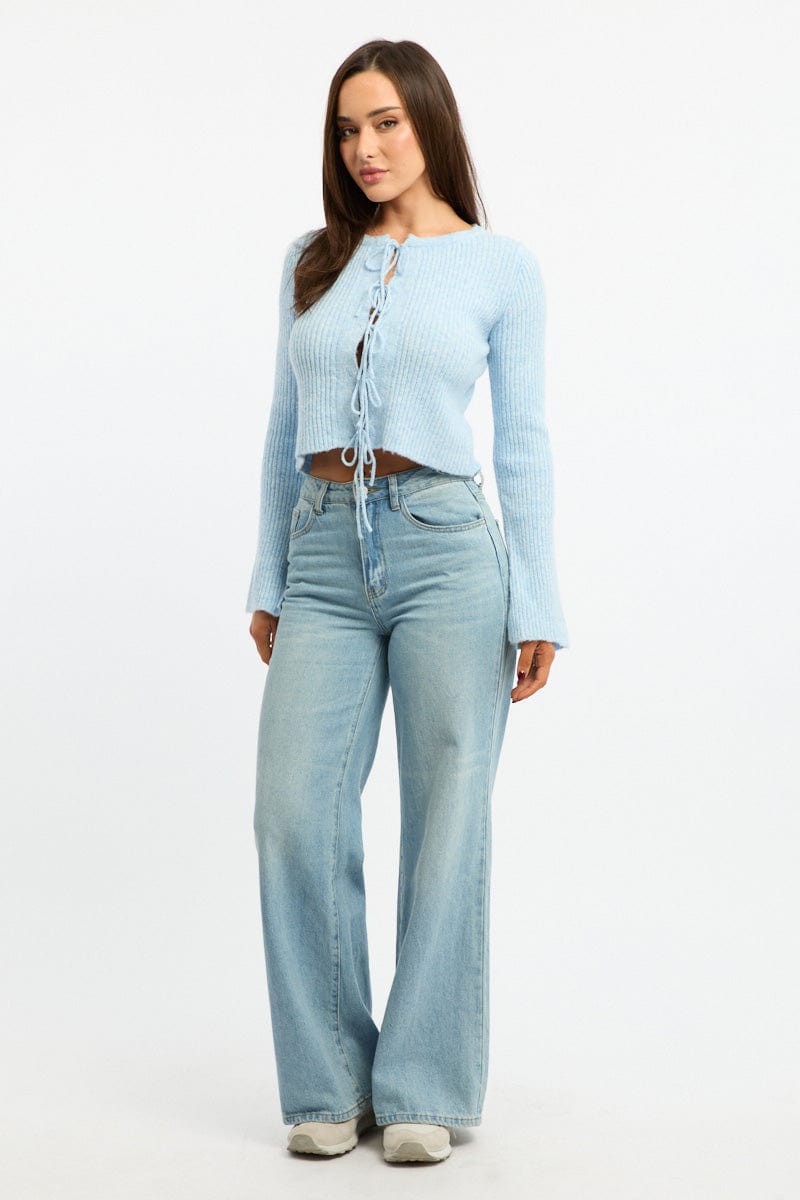 Blue Knit Cardigan Tie Up Long Sleeve for Ally Fashion