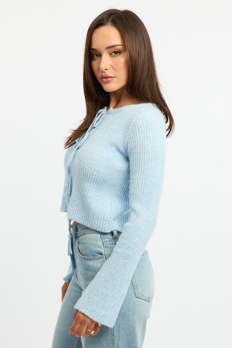 Blue Knit Cardigan Tie Up Long Sleeve for Ally Fashion
