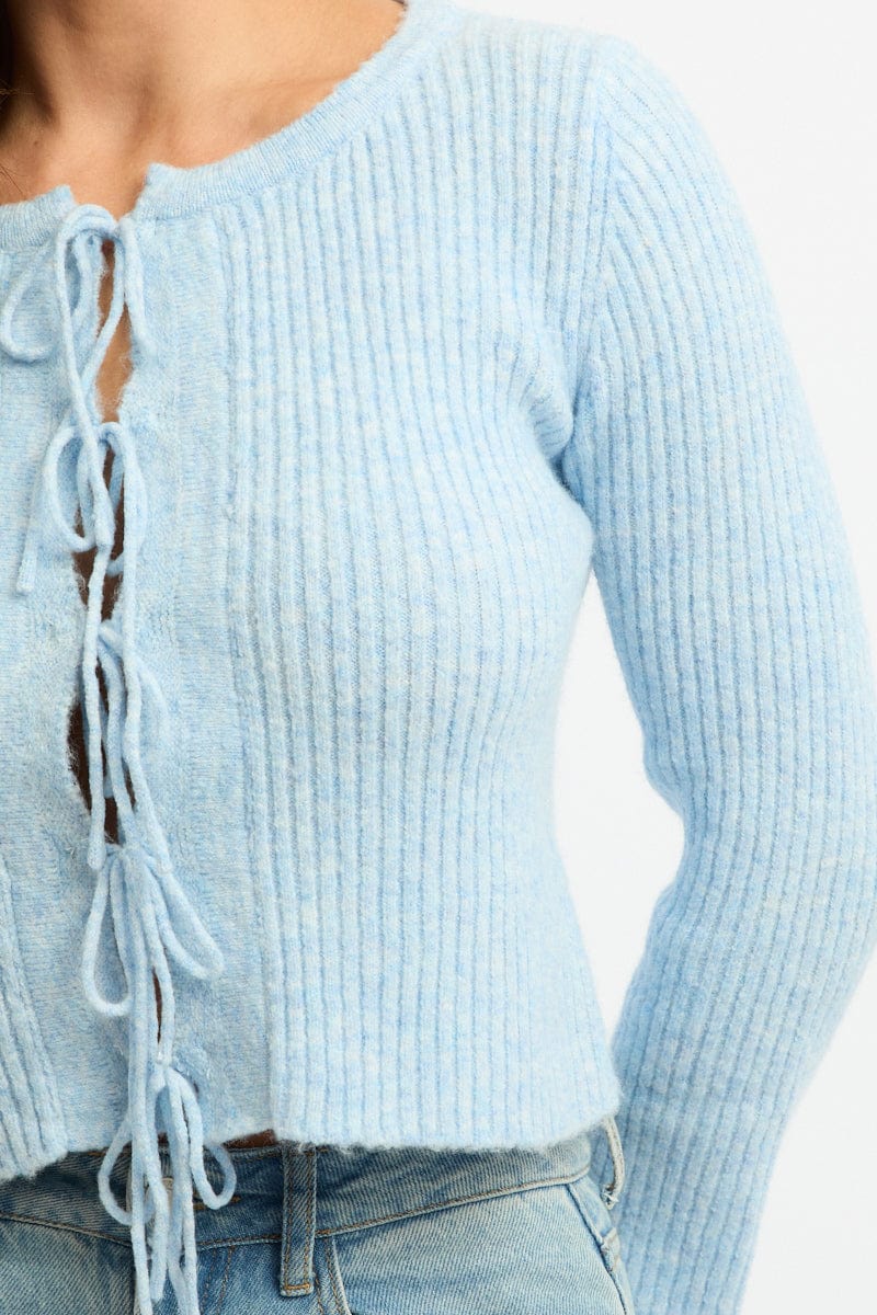 Blue Knit Cardigan Tie Up Long Sleeve for Ally Fashion