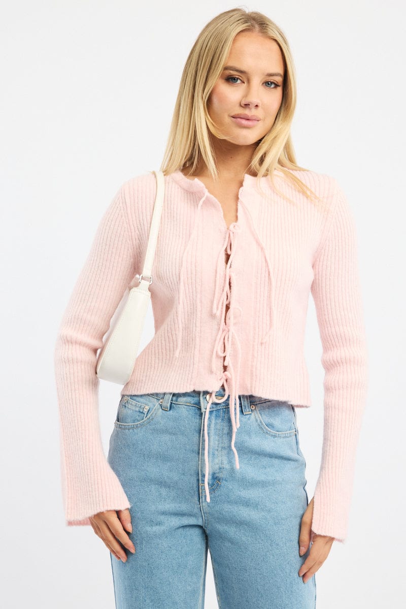 Pink Knit Cardigan Tie Up Long Sleeve for Ally Fashion