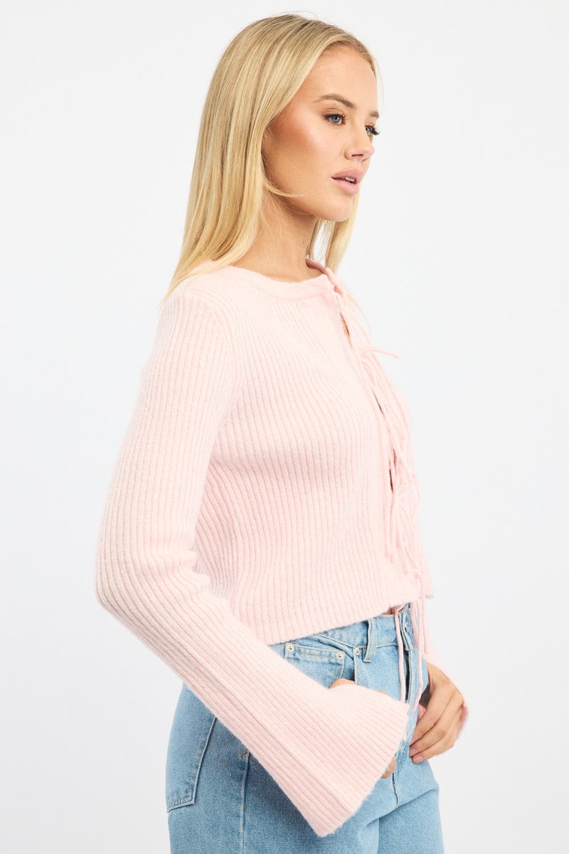 Pink Knit Cardigan Tie Up Long Sleeve for Ally Fashion