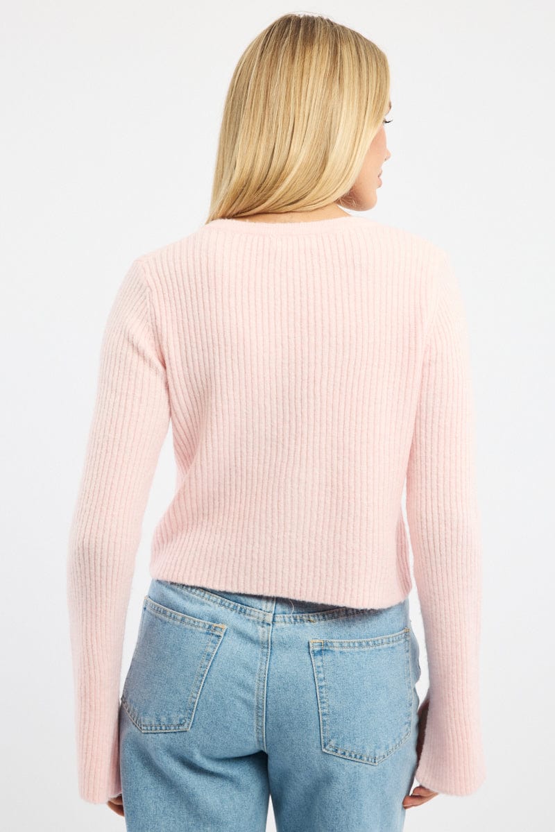 Pink Knit Cardigan Tie Up Long Sleeve for Ally Fashion