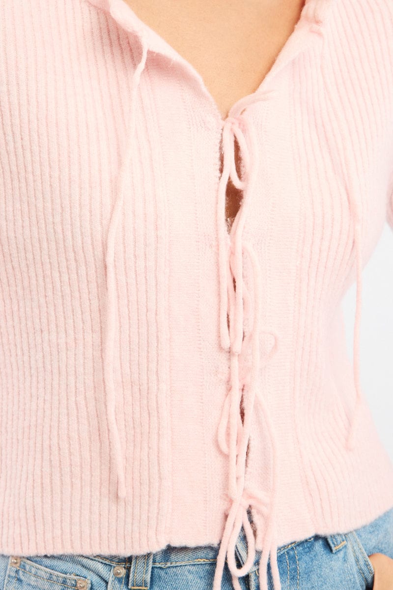 Pink Knit Cardigan Tie Up Long Sleeve for Ally Fashion