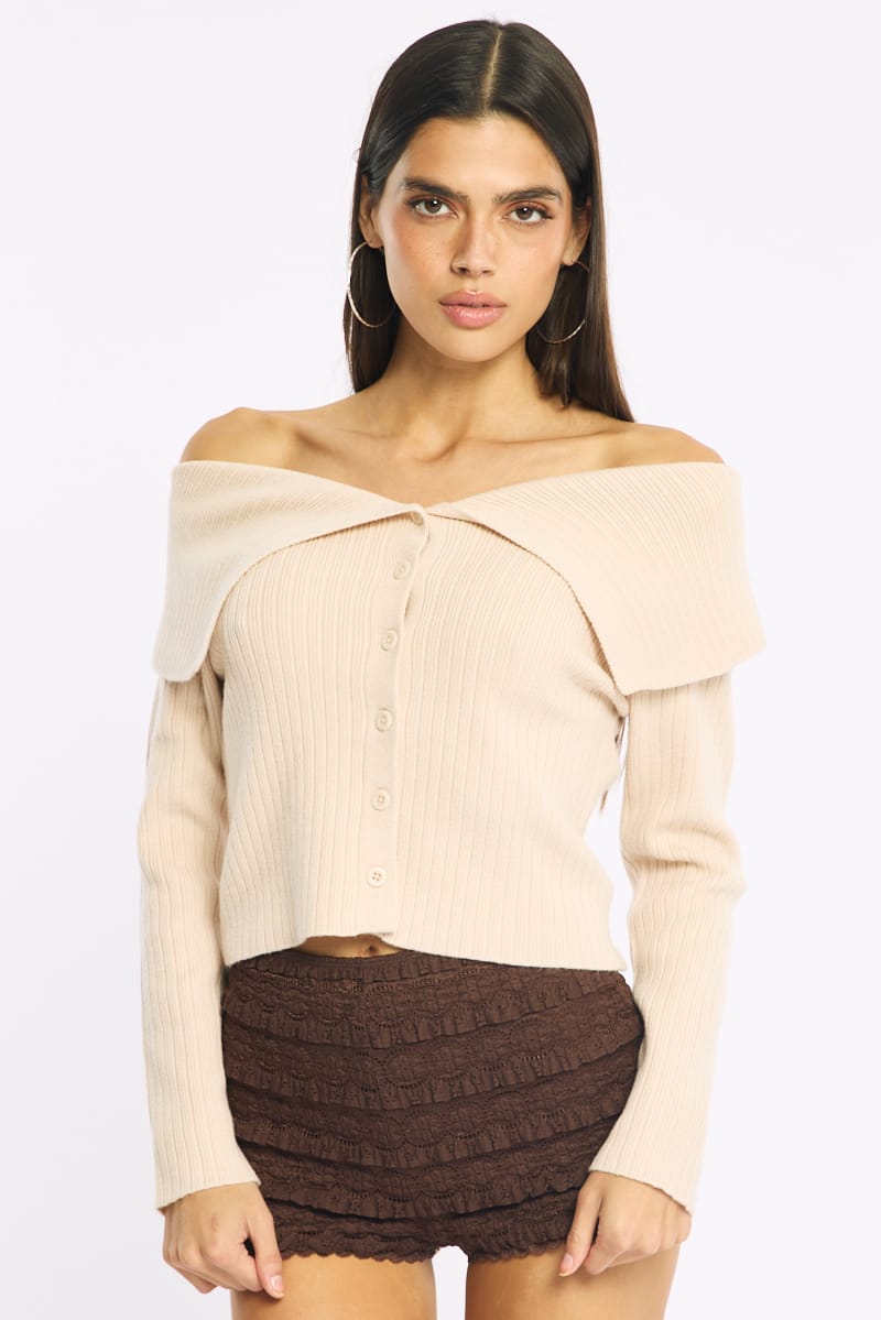 Beige Off Shoulder Cardigan for Ally Fashion