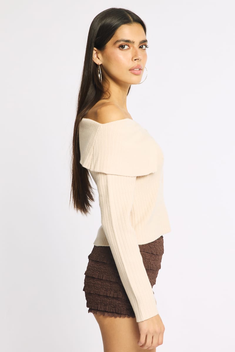 Beige Off Shoulder Cardigan for Ally Fashion