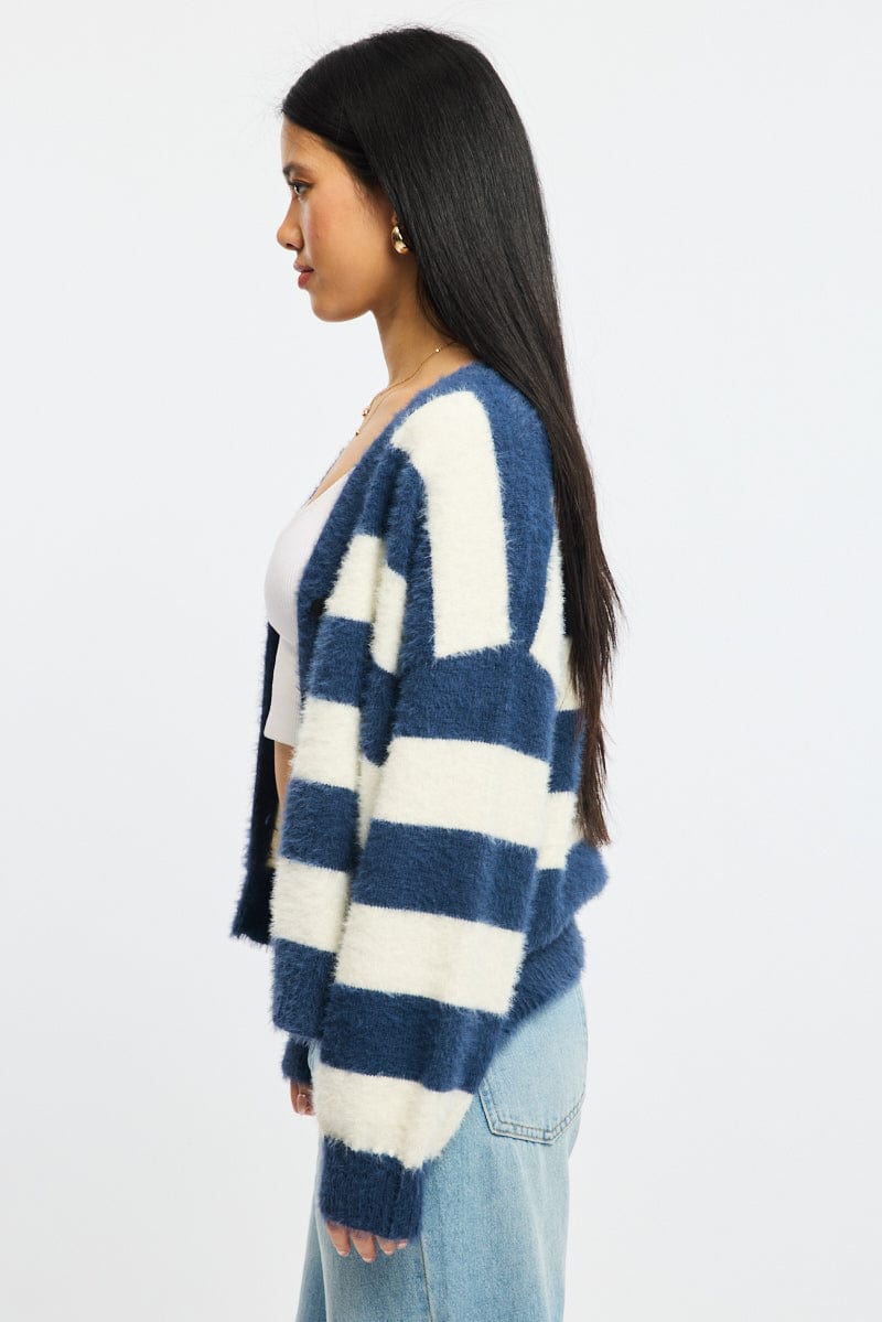 Blue Stripe Oversized Cardigan V-neck for Ally Fashion