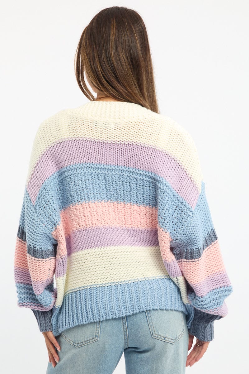 Multi Stripe Oversized Knit Cardigan Long Sleeve for Ally Fashion