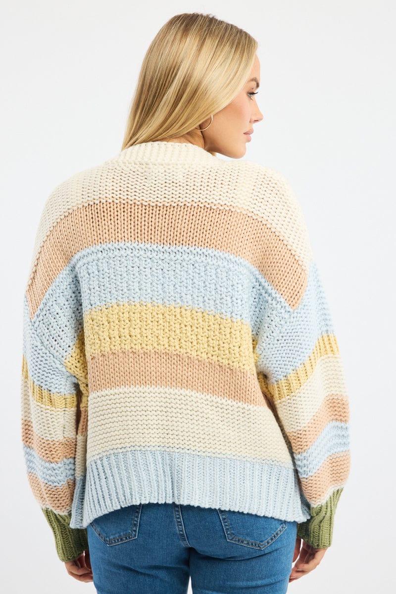 Multi Stripe Oversized Knit Cardigan Long Sleeve for Ally Fashion