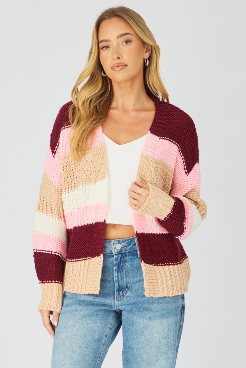 Pink Stripe Oversized Knit Cardigan Long Sleeve for Ally Fashion