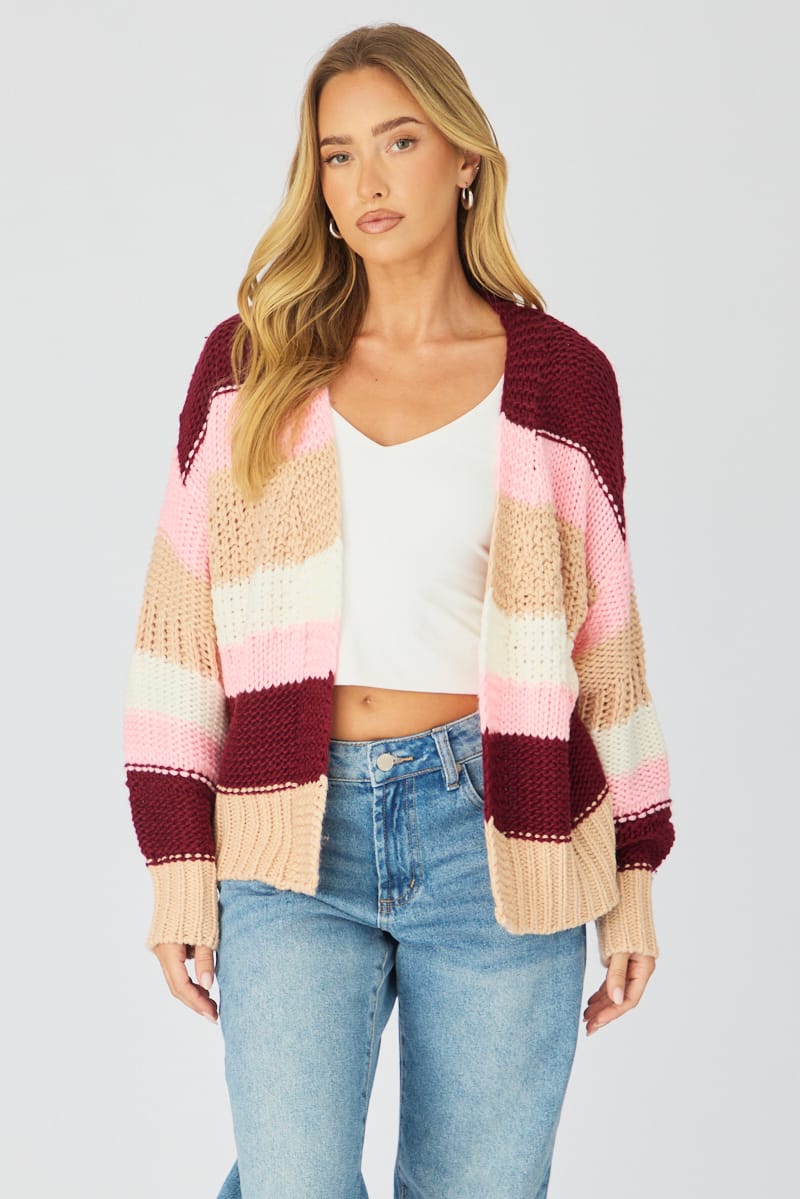 Pink Stripe Oversized Knit Cardigan Long Sleeve for Ally Fashion