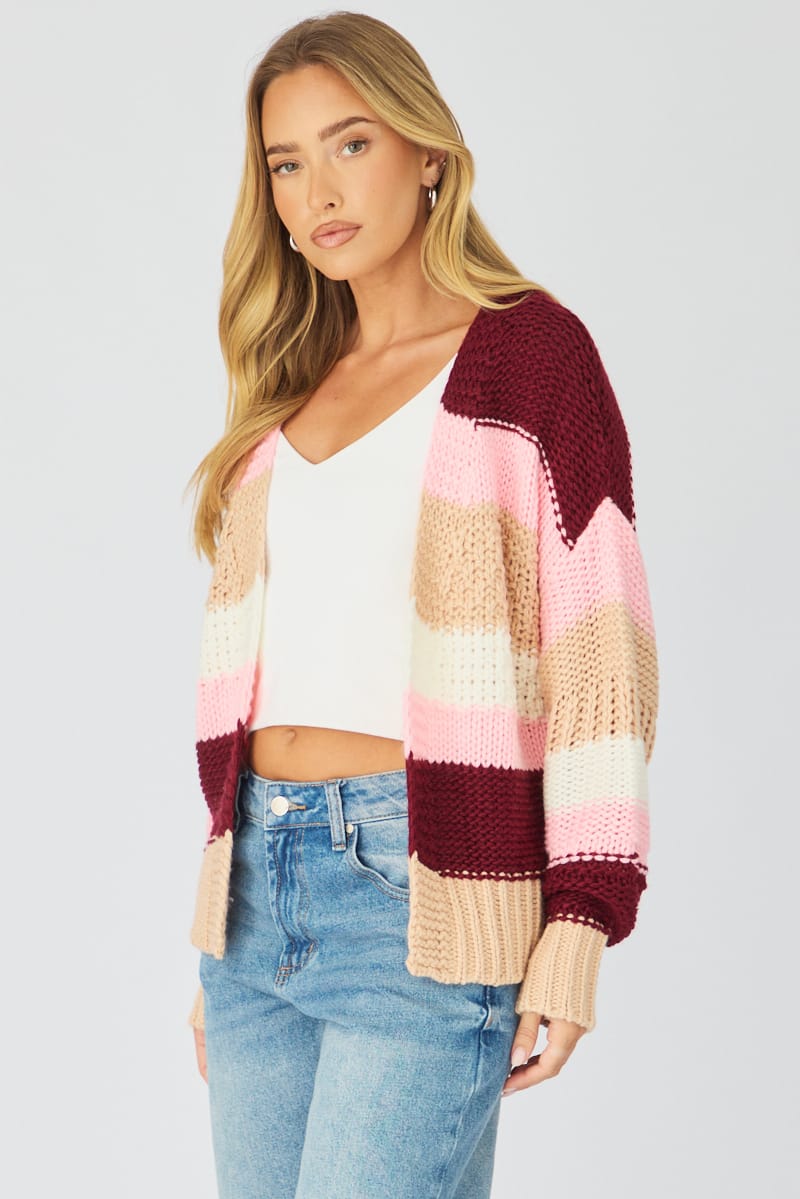 Pink Stripe Oversized Knit Cardigan Long Sleeve for Ally Fashion