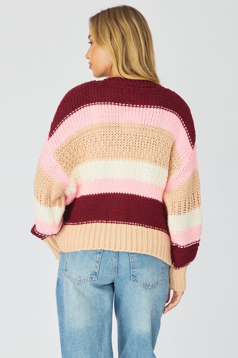Pink Stripe Oversized Knit Cardigan Long Sleeve for Ally Fashion
