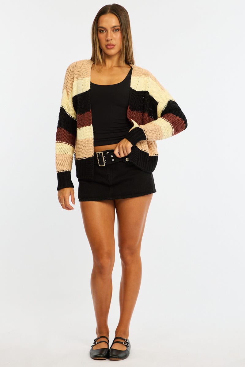 Beige Stripe Oversized Knit Cardigan Long Sleeve for Ally Fashion