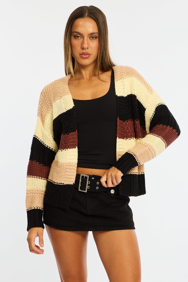 Beige Stripe Oversized Knit Cardigan Long Sleeve for Ally Fashion