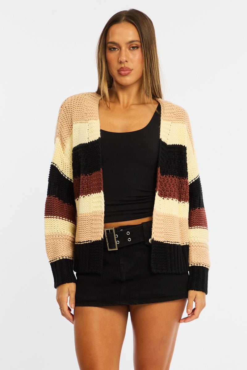 Beige Stripe Oversized Knit Cardigan Long Sleeve for Ally Fashion