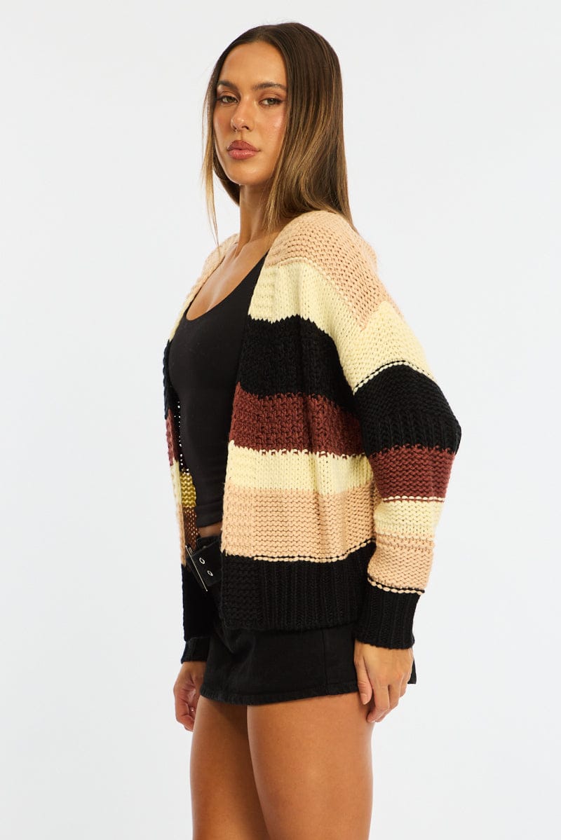 Beige Stripe Oversized Knit Cardigan Long Sleeve for Ally Fashion