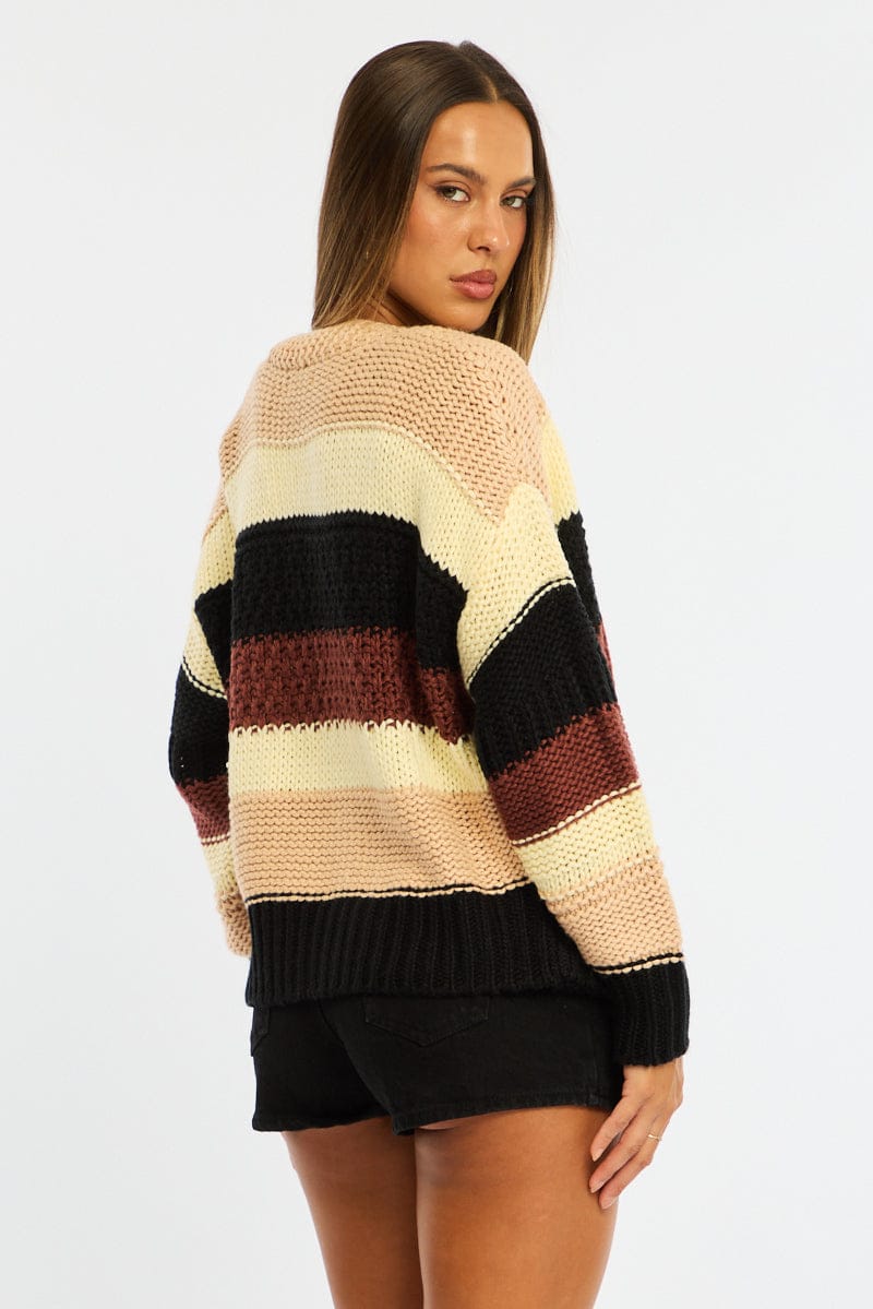 Beige Stripe Oversized Knit Cardigan Long Sleeve for Ally Fashion